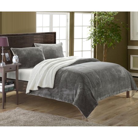 FIXTURESFIRST 3 Piece Eve Blanket Set Soft Sherpa Lined Microplush Faux Mink, Grey FI2541679